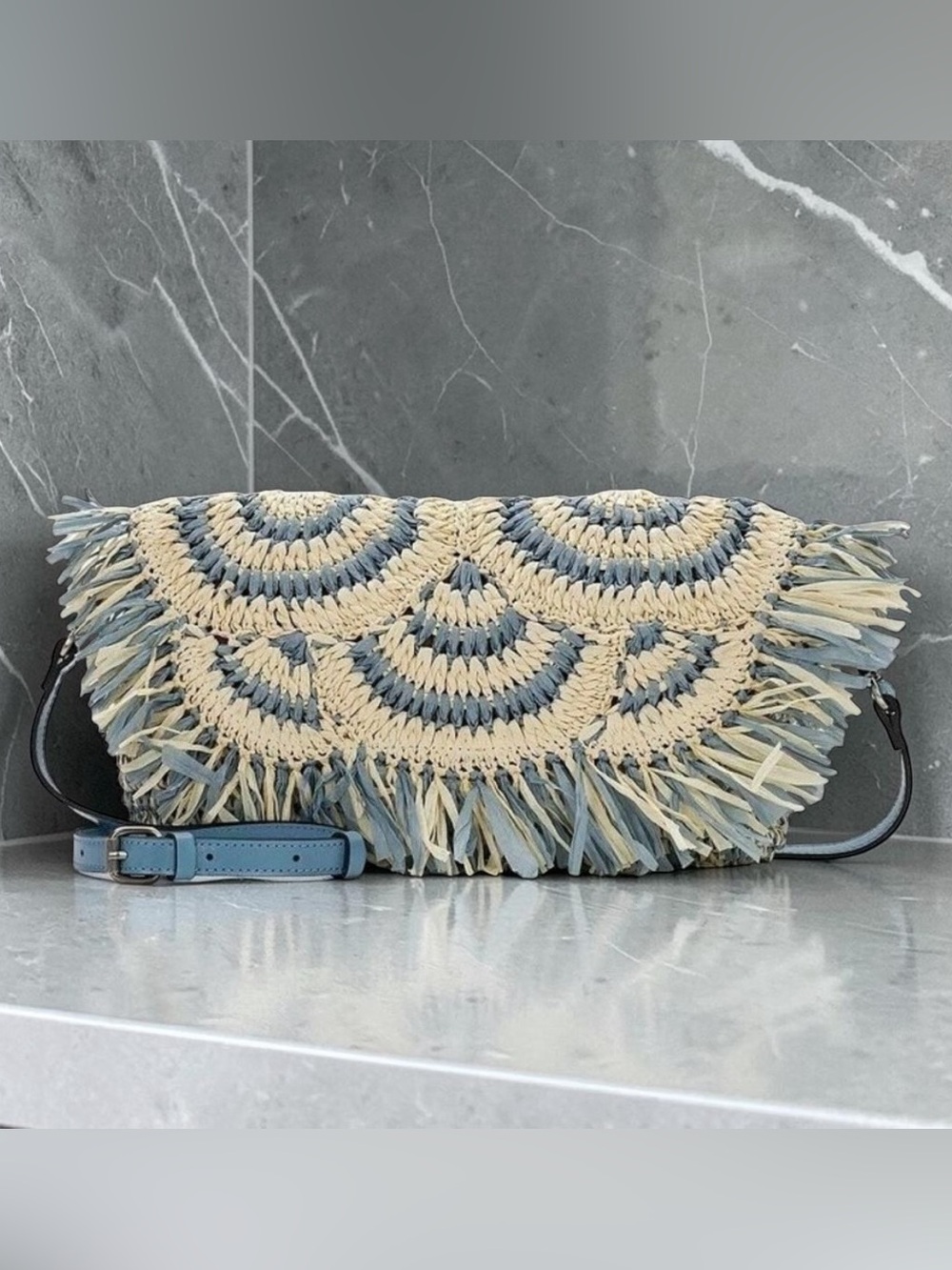 Patricia Nash Loulia Woven Clutch Crossbody Bag Natural Blue Fog Fringe NWT